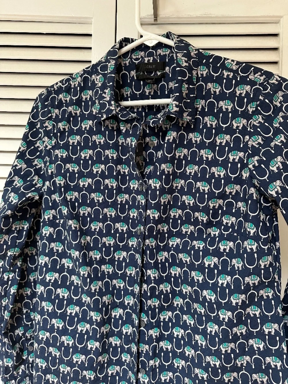 J. Crew Perfect Button Down Cotton Blouse Blue Teal White Elephants Print Small